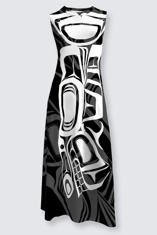 Diving Killerwhale (BnW) by Shar Wilson, Gitxsan Artist. Lena-Maxi Dress